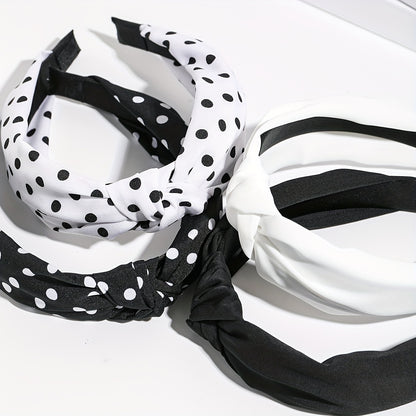 Knotted Headbands for Women 4 Pack – Wide Brimmed Polka Dot Hair Bands, Black & White Retro Minimalist Bow Knot Head Wrap, Stylish Cute Hair Accessories for Daily Wear & Casual Outfits