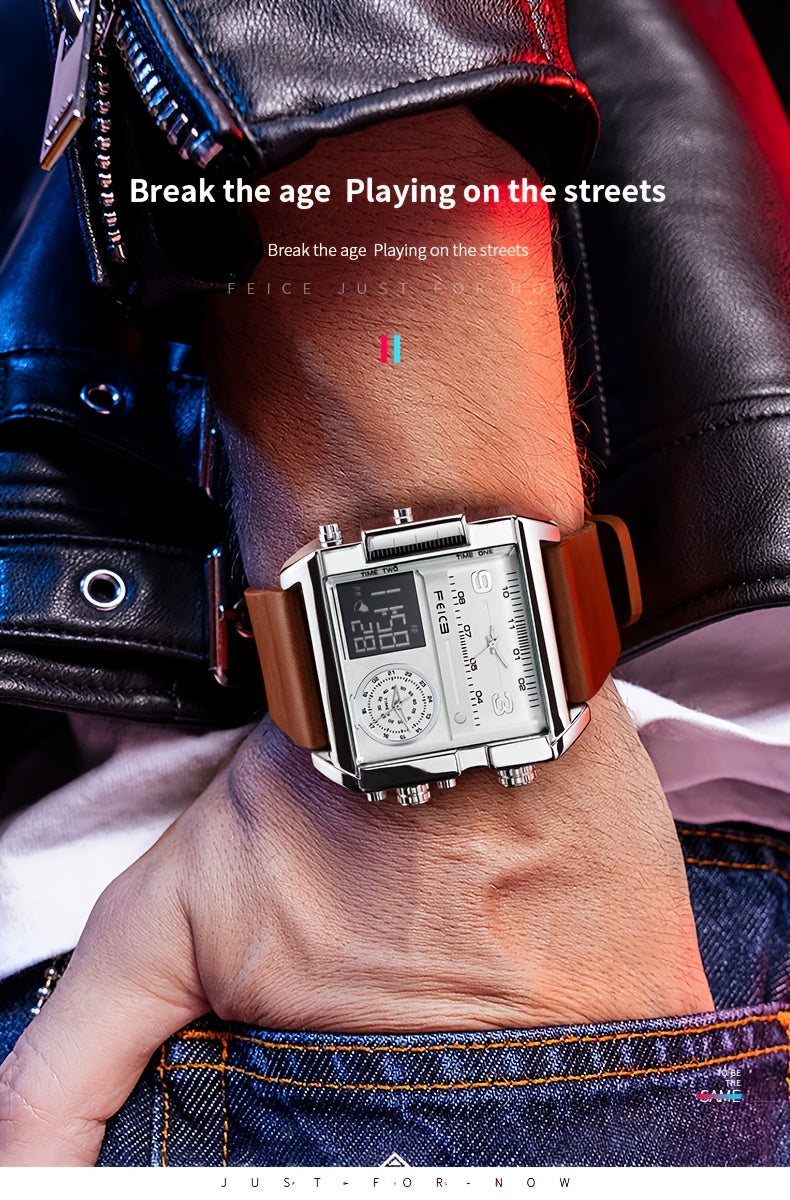 FEICE Fashion Business Men's Watch Digital LED Analog Quartz Watch 50mm Large Dial Square Men's Watch Multifunctional Sports Men's Watch Luminous Alarm Clock Timer 24H Calendar Cowhide Strap Men's Gift FK030