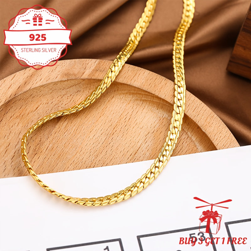 Gold Chain Necklace 24K Gold Plated 925 Sterling Silver 5mm Flat Lace Chain Necklace Unisex Hip Hop Jewelry 18 20 22 24 Inch Gift for Her