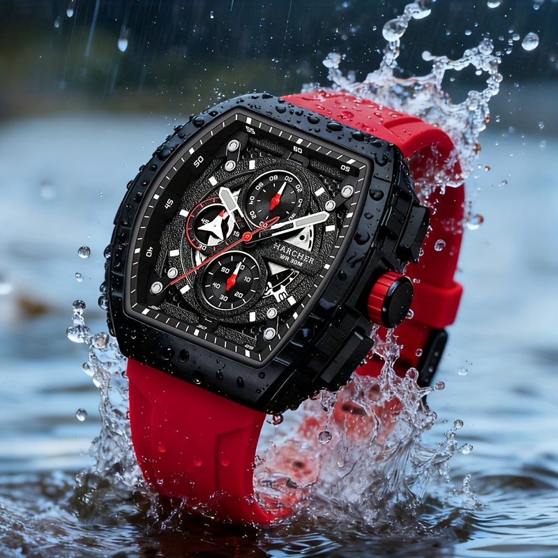 [Luxury Sport Watch] H Luxury Tonneau Sport Watch for Men - Luminous Waterproof Quartz Chronograph - Racing Style Silicone Band Wristwatch - 3ATM Waterproof High-Accuracy Multi-Functional Fashion Watch