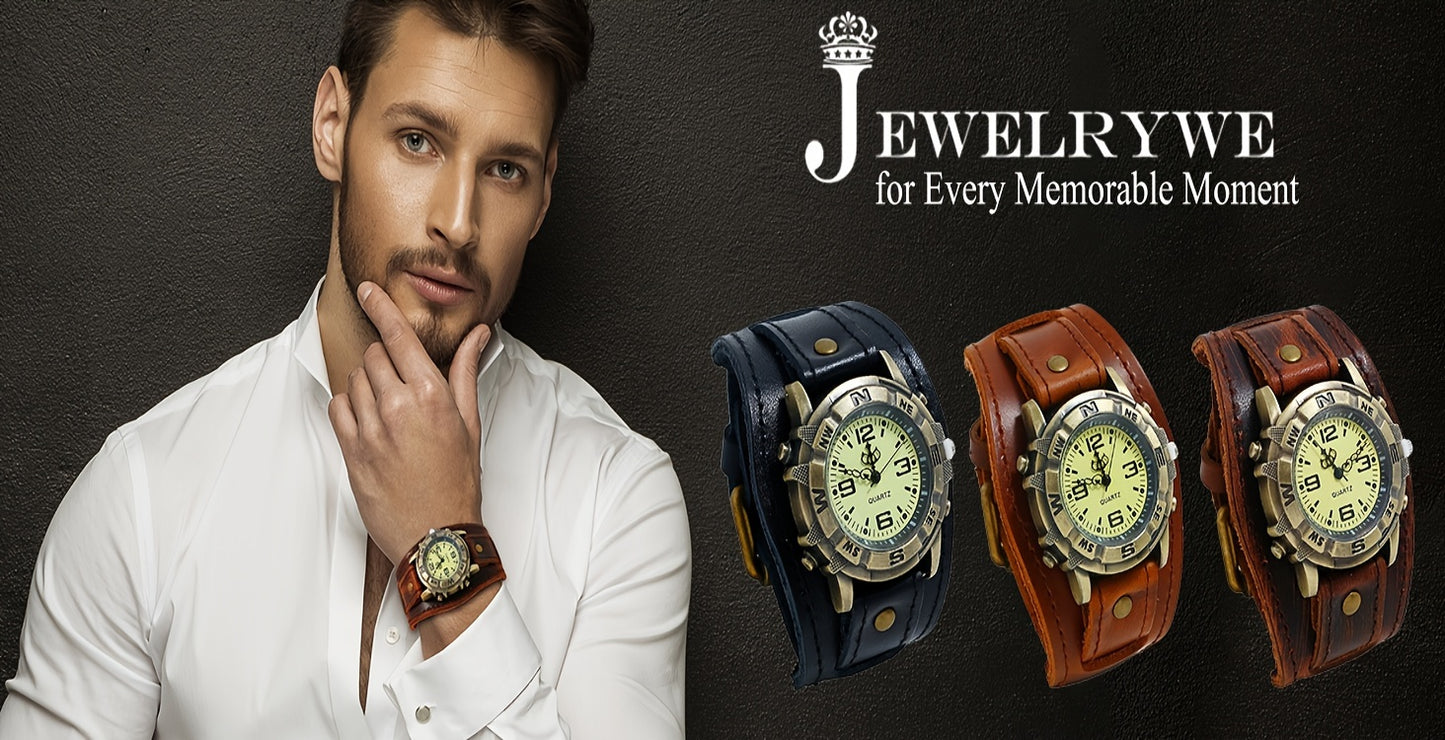 Steampunk Watch Vintage Wide Leather Strap Analog Quartz Wristwatch for Men Women Biker Watch Round Alloy Case Halloween Christmas Father's Day Gift