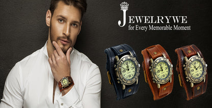 Steampunk Watch Vintage Wide Leather Strap Analog Quartz Wristwatch for Men Women Biker Watch Round Alloy Case Halloween Christmas Father's Day Gift