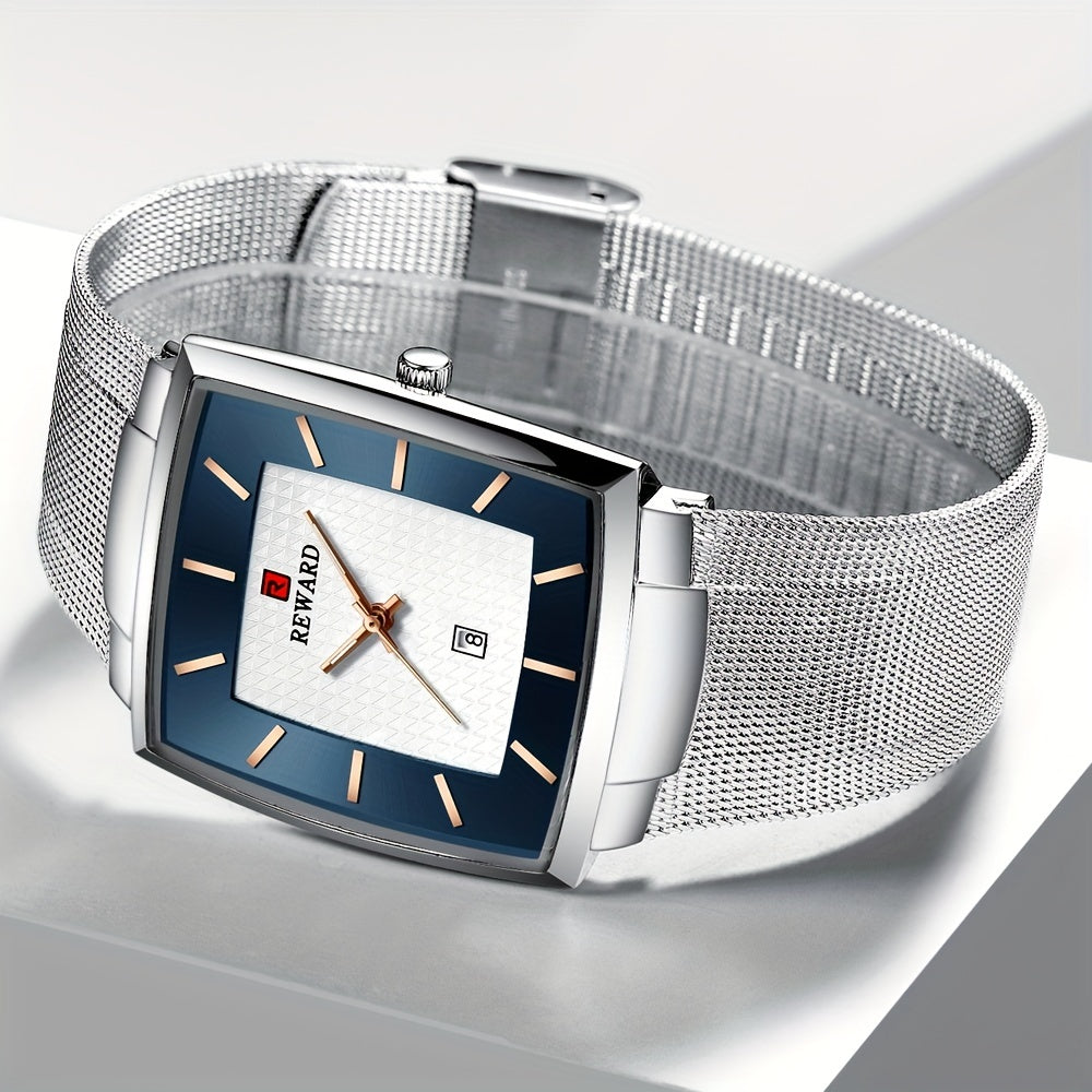 REWARD Fashion Watches Men Top Luxury Brand Square Blue Men's Wristwatch Stainless Steel Quartz Clock Male