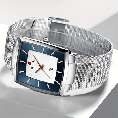 Men's Square Blue Dial Luxury Quartz Watch – Stainless Steel Strap, Luminous Hands, Date Display, Zinc Alloy Case Wristwatch for Men