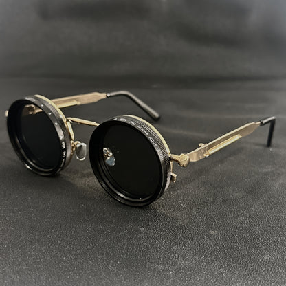 Steampunk Glasses Vintage Flip Spin Adjustable Gradient Lens – Alloy Frame Interchangeable Lens Eyewear for Men Women, Festival Party Cosplay Rave Halloween, Black Gold
