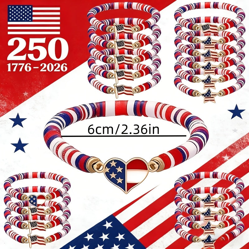 Celebrating 250 Years, These Patriotic Stretch Bracelets for Women Feature Retro Bohemian Designs with Red, White, And Blue Polymer Clay Beads. They Make Excellent Party Favors for The 4Th of July And Are Perfect Gifts for Everyday Wear Throughout T