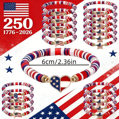 Patriotic Stretch Bracelets Bulk Red White Blue Polymer Clay Bead Bohemian Retro Women 4th of July Party Favors Everyday Wear Gift Set 15pcs 30pcs