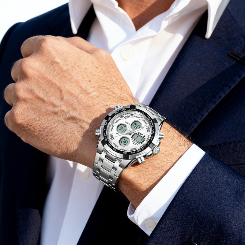 JOEFOX Men's Luxury Analog-Digital Sport Watch — Large Face, Stainless Steel, LED, 3ATM Waterproof, Chronograph & Alarm