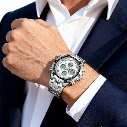 JOEFOX Men's Luxury Analog-Digital Sport Watch — Large Face, Stainless Steel, LED, 3ATM Waterproof, Chronograph & Alarm