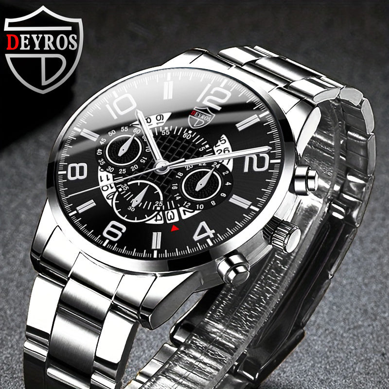 12pcs/Set Men Watch Set, Fashion Stainless Steel Strap Quartz Watches for Men, Classic Pointer Round Dial Date Display Men'S Wrist Watch Business Casual Men'S Watch Set Birthday Valentine'S Day Easter Perfect Gift, Reloj Para Hombre
