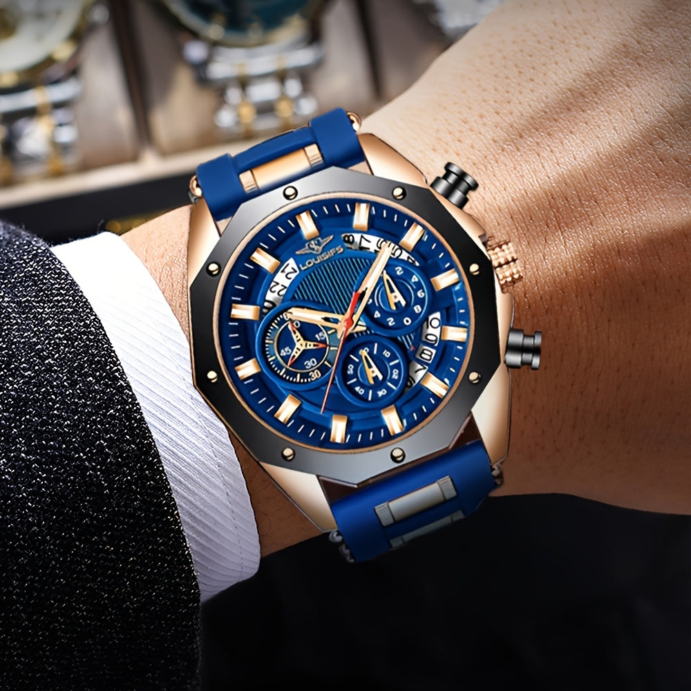 Chronograph Watch for Men - Large Dial Quartz Wristwatch with Day Date Month Display, 24H Analog, Leather Strap & Gold Buckle, Multi-Function Business Sport Dress Watch in Blue Silver Gold