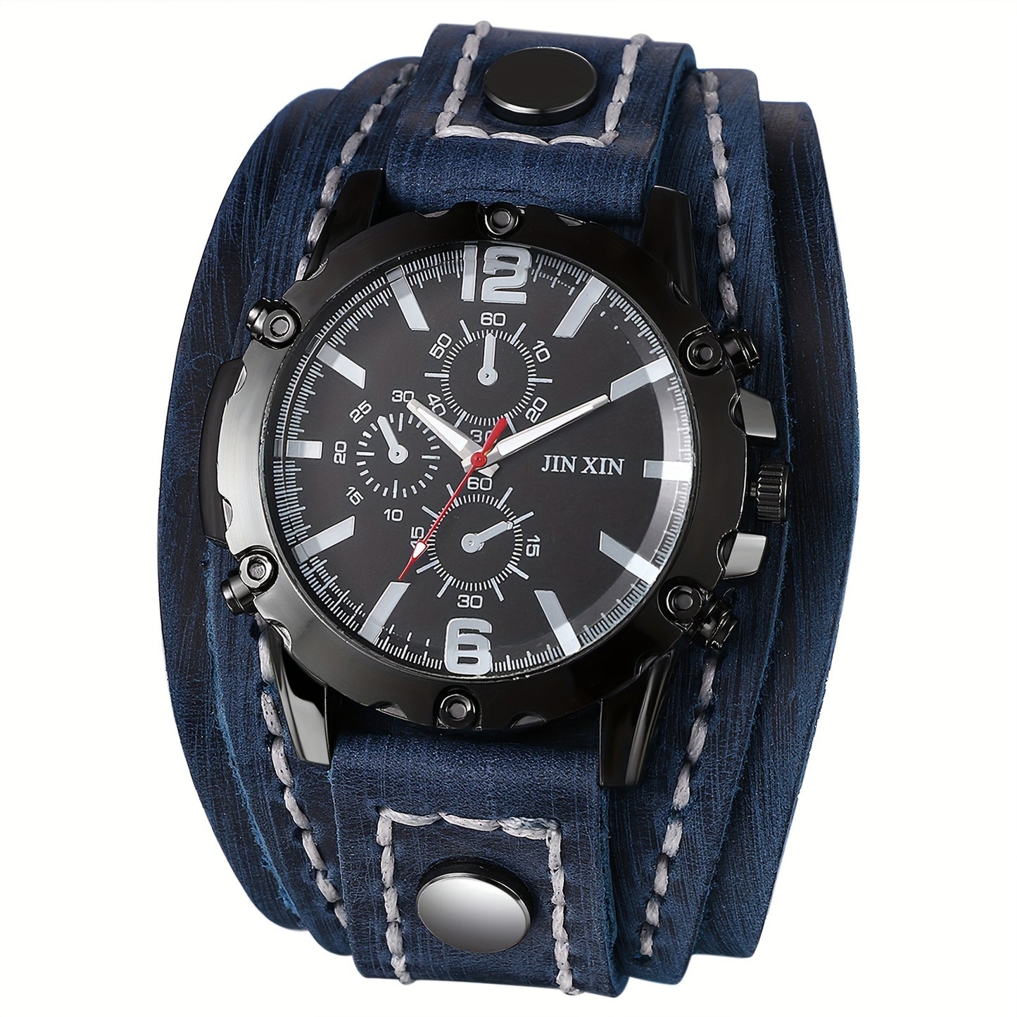 Gothic Punk Leather Cuff Wristwatch for Men – Wide Genuine Leather Band, Stainless Steel Quartz Watch, Halloween Party Costume Accessory