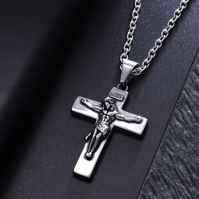 Jesus Cross Necklace for Men - Vintage Thorn Crown Pendant Christian Religious Jewelry, Stainless Steel Lobster Clasp, Perfect Gift for Christmas Easter Birthday Daily Wear Formal Occasions