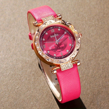 5-Piece Rose Red Quartz Watch & Jewelry Set — Rhinestone Necklace, Earrings, Ring & Round Dial Wristwatch, Elegant Gift Set for Women, Birthday & Holiday