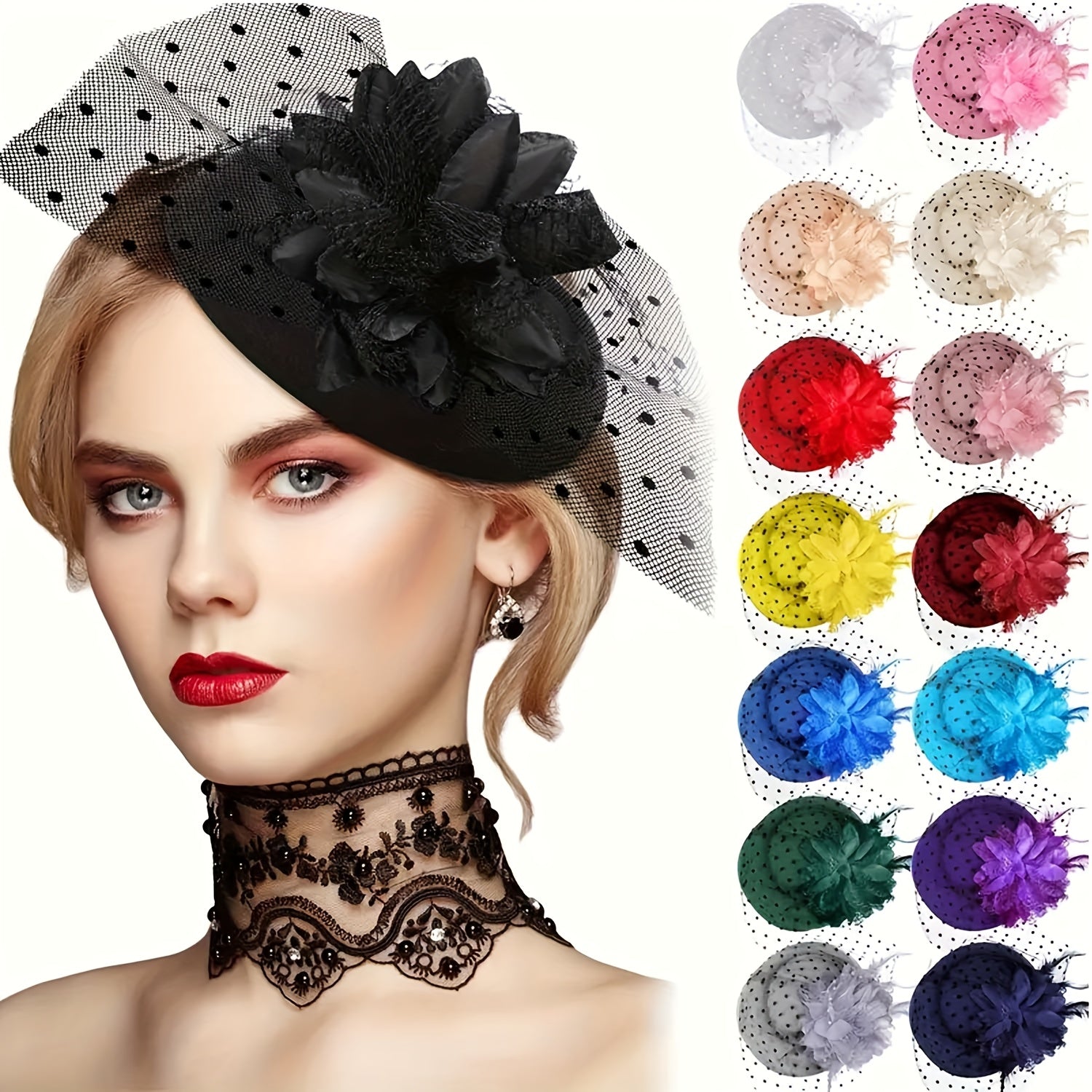 Set of 6 Fascinator Hats for Tea Parties, Featuring Feather Pillbox Design with Clips, Ideal for Women, Includes Veil And Flower, Suitable for Weddings, Churches, And Tea Gatherings, Available in 12 Colors