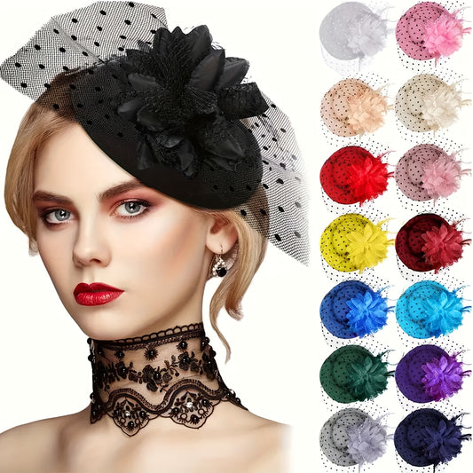 Set of 6 Fascinator Hats for Tea Parties, Featuring Feather Pillbox Design with Clips, Ideal for Women, Includes Veil And Flower, Suitable for Weddings, Churches, And Tea Gatherings, Available in 12 Colors