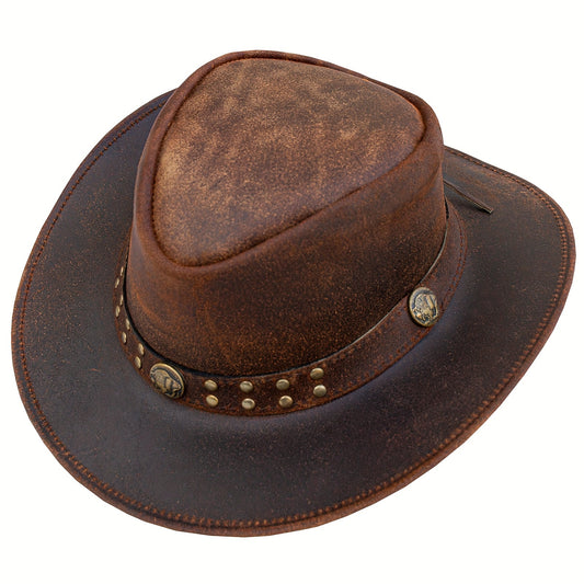 Leather Cowboy Hat for Men Women Western Australian Hat with Shapeable Wide Brim, Brown Vintage Style Leather Hat for Unisex Adult with Chin Cord