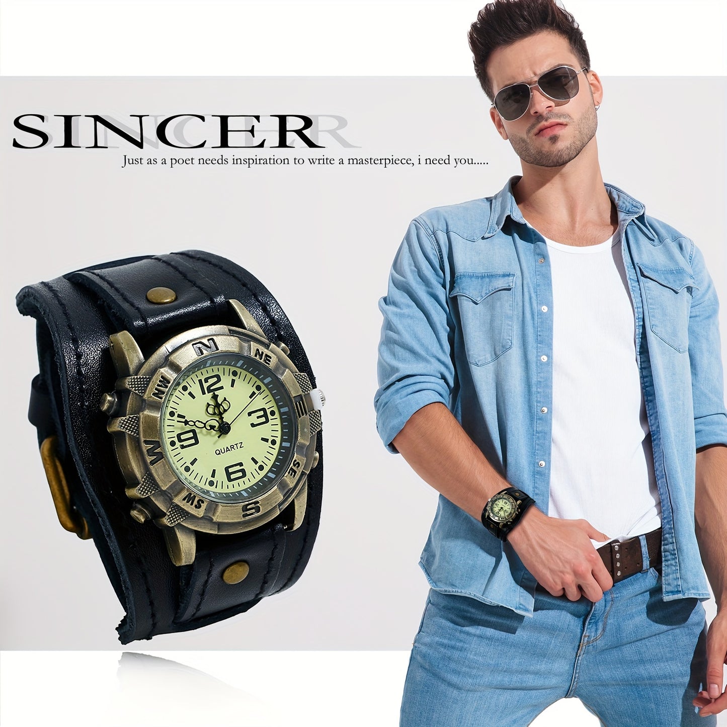 Steampunk Watch Vintage Wide Leather Strap Analog Quartz Wristwatch for Men Women Biker Watch Round Alloy Case Halloween Christmas Father's Day Gift