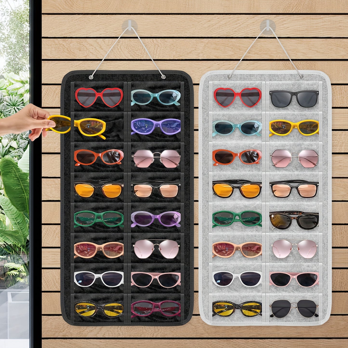 Sunglasses Organizer 16 Pockets Hanging Wall-Mounted Felt Storage Bag — Foldable Over-Door Eyewear Holder for Glasses, Jewelry & Accessories | Black & Grey