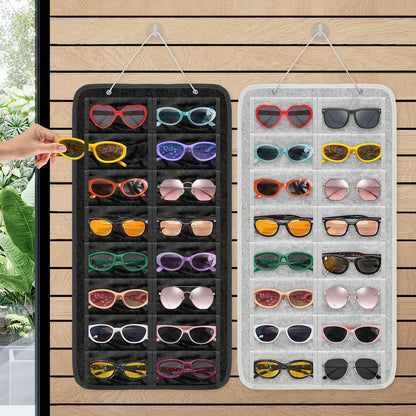 Sunglasses Organizer 16 Pockets Hanging Wall-Mounted Felt Storage Bag — Foldable Over-Door Eyewear Holder for Glasses, Jewelry & Accessories | Black & Grey