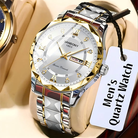 Men's Luxury Roman Numeral Dial Watch with Rhinestone Accents & Luminous Hands - Water-Resistant Stainless Steel Quartz Wristwatch, Date Display, Vintage Dress Timepiece Gift for Men