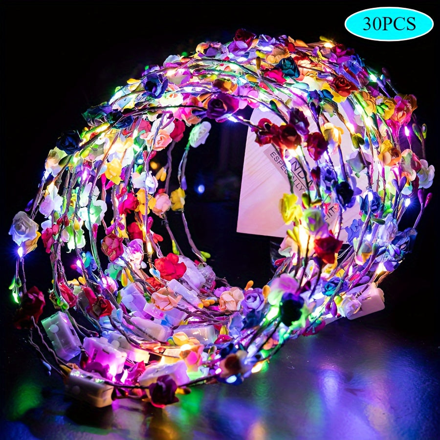 30pcs LED Corolla Headband, Women'S Glowing Corolla, Luminous Headband, Luminous Party Supplies For Valentine'S Day, American Independence Day, Wedding, Birthday, Concert And Other Occasions