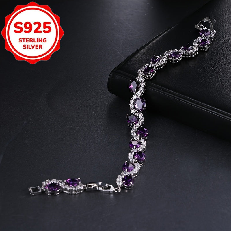 S925 Silver Sparkling Luxury Purple Oval Chain Bracelet - Exquisite Craftsmanship and Dazzling Artificial Crystal - Fashion Accessories for birthdays and anniversaries