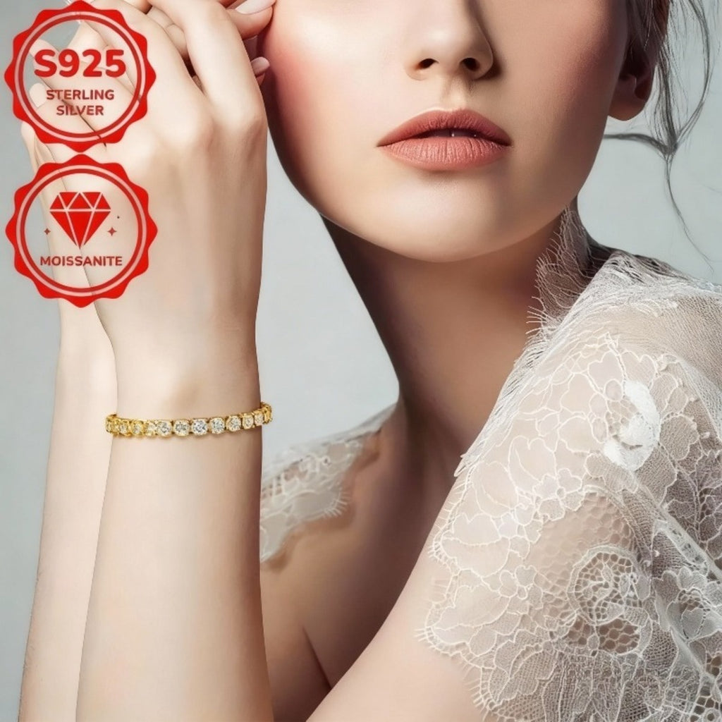 Luxury S925 4mm Sterling Silvery Moissanite Golden Tennis Bracelet- Bright Cut, Arranged Moissanite Design- Elegant French Style Women's Style, Suitable for Weddings, Birthdays, Total Weight Of The Product (7.71g)