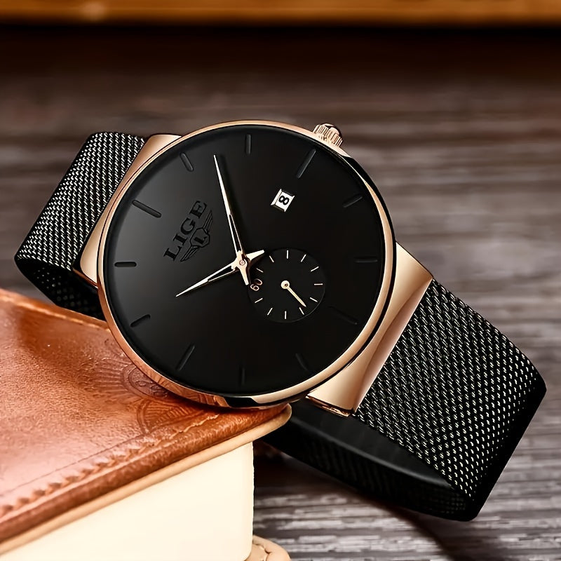 Men's Minimalist Mesh Belt Watch | Stainless Steel Quartz Wristwatch with Calendar & Waterproof Design, Slim Business Casual Dress Watch for Men in Gold, Rose Gold & Blue