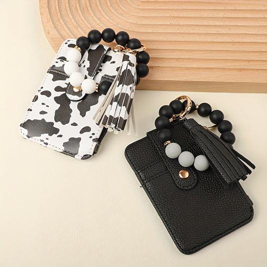 Western Beaded Keychain & Card Holder Set 2pcs – Handmade Boho Wrist Key Ring with Tassel, Leopard Cow Pattern Women's Wallet Bag Charm, Gift for Mom & Friends