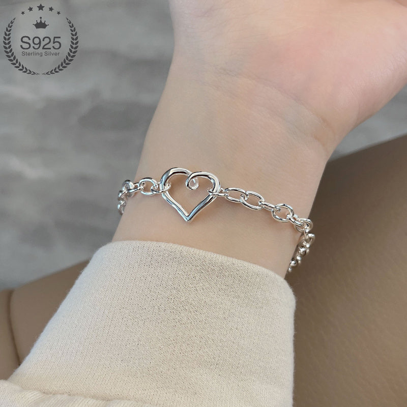 [Mother's Day Gift] 1pc S925 Sterling Silvery Minimalist Hollow Heart Bracelet, Niche Design Versatile Jewelry for Women - Low Allergy Sensitive Light Beige Friendly Elegant Fashion Accessory Perfect Gift for Mother's Day, Wedding