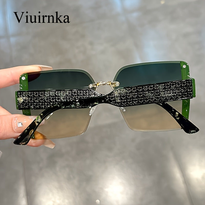 Oversized Rimless Sunglasses Women Square Frame Gradient Lenses Lightweight Unisex Summer Eyewear with Case Beach Party Halloween Christmas Gift Green Orange Black