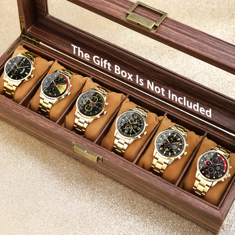 Men's Watch Set 6pcs Luxury Business Quartz Wristwatch – Golden Stainless Steel Date Display Fashion Casual Sports Watch Gift Box for Men
