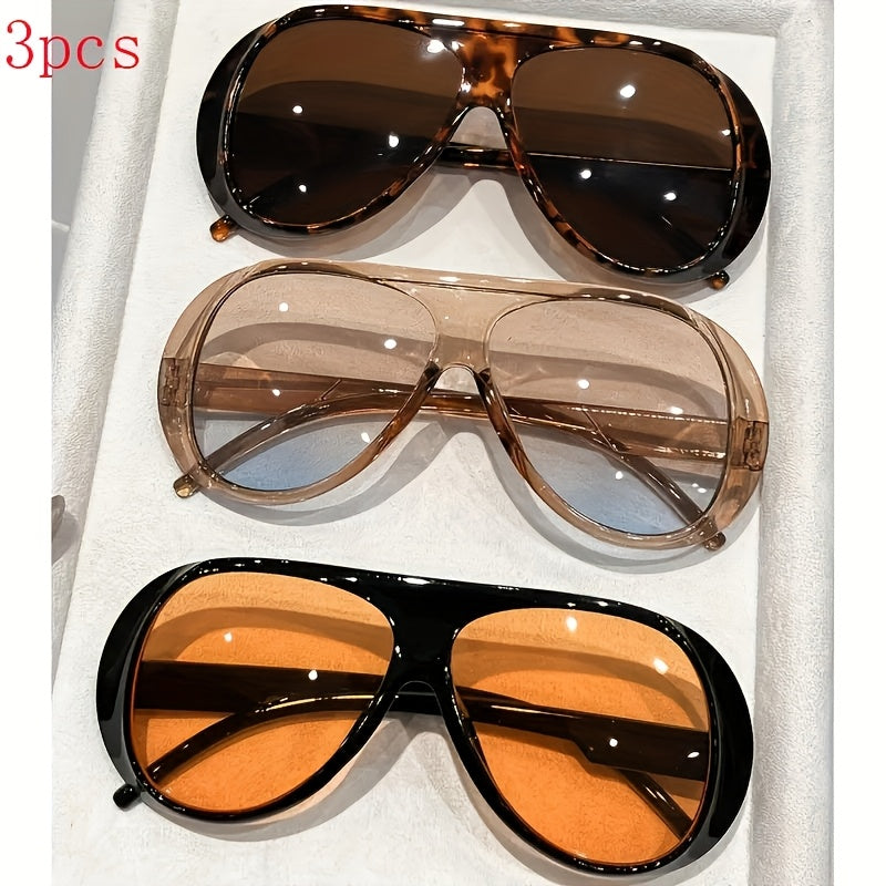 Decorative Glasses Set of 3 Pairs Oversized PC Frame Fashion Eyewear Tea Transparent Black Face Slimming Photo Props Non-Prescription Unisex