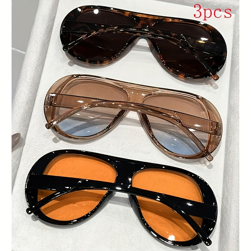 Decorative Glasses Set of 3 Pairs Oversized PC Frame Fashion Eyewear Tea Transparent Black Face Slimming Photo Props Non-Prescription Unisex