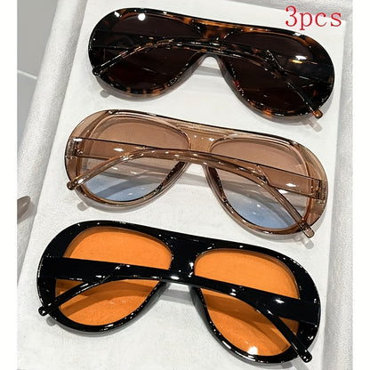 Decorative Glasses Set of 3 Pairs Oversized PC Frame Fashion Eyewear Tea Transparent Black Face Slimming Photo Props Non-Prescription Unisex