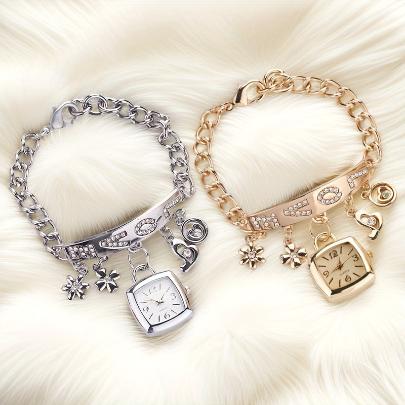 Women'S Bracelet Watch LOVE Quartz Watch Flower Decor Tonneau Dress Watch Ladies Exquisite Casual Watch Anniversay Birthday Christmas New Year Gifts