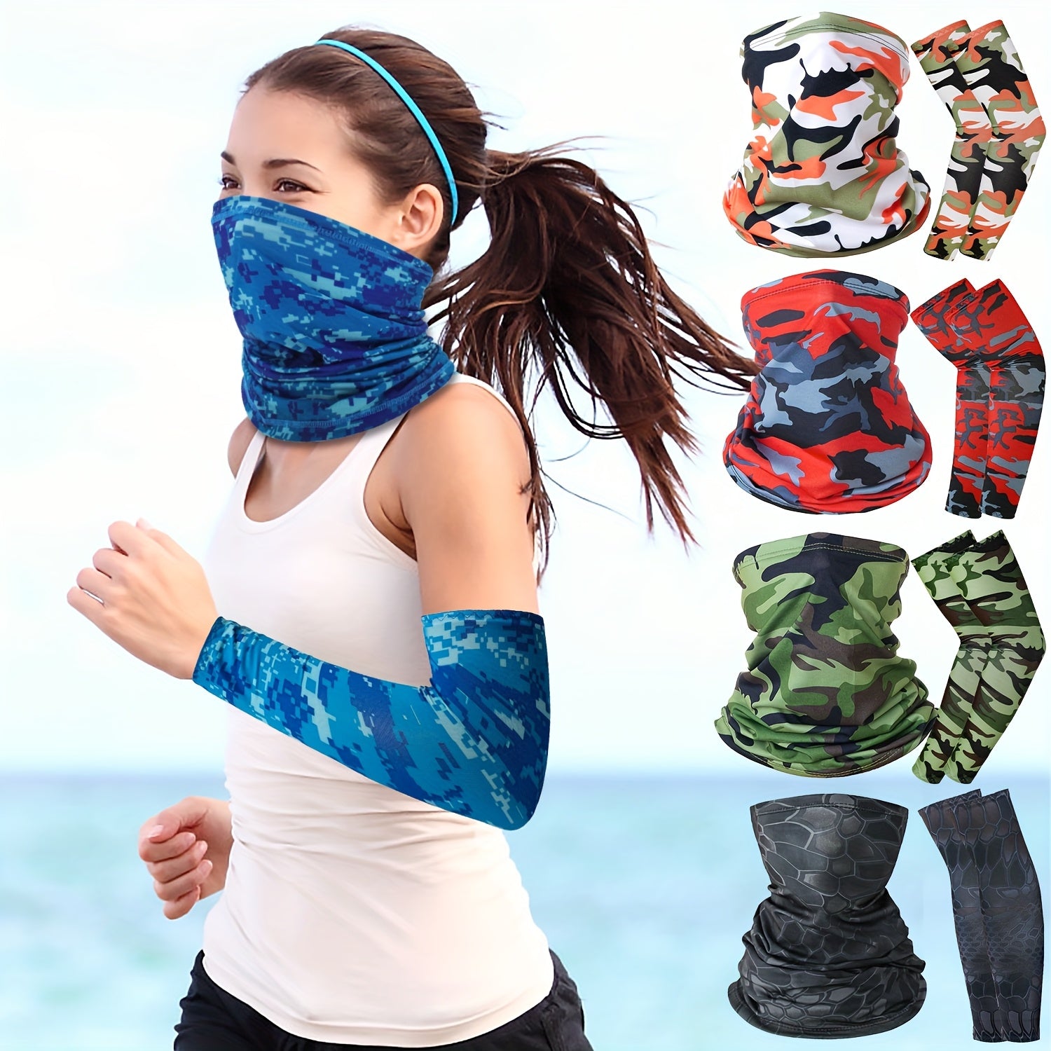 3pcs Sunscreen Riding Face Mask+1Pair Sleeves, Breathable Quick Drying Riding Headscarf, Unisex Multifunctional Sports And Leisure Sleeve