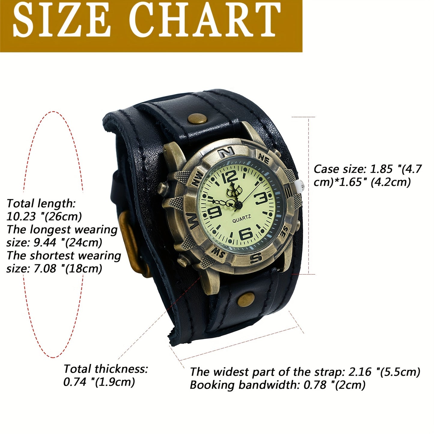 Steampunk Watch Vintage Wide Leather Strap Analog Quartz Wristwatch for Men Women Biker Watch Round Alloy Case Halloween Christmas Father's Day Gift