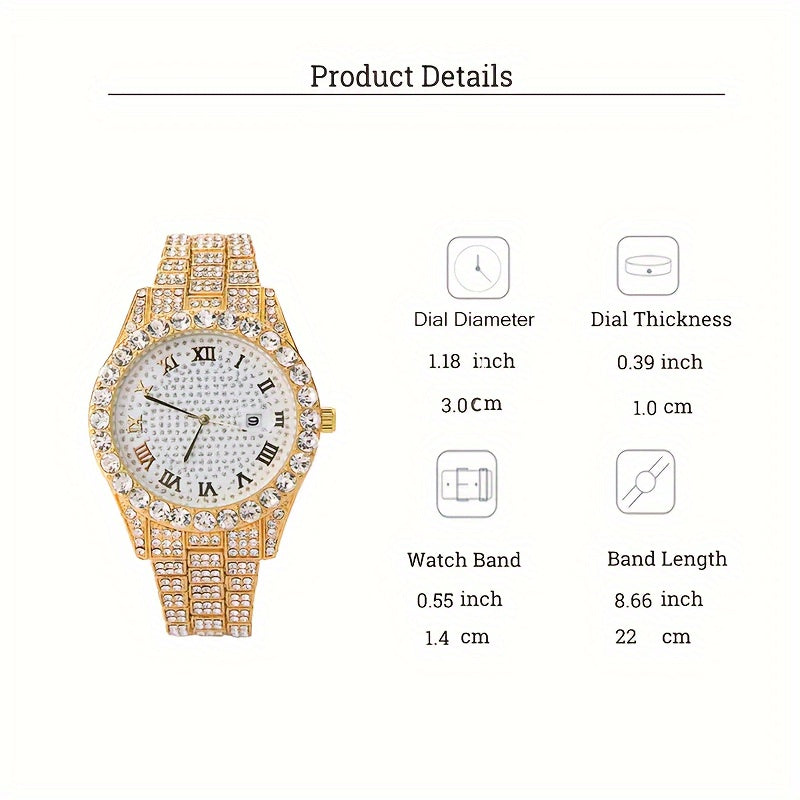 3pcs/5pcs, A Fashionable Hip-hop Watch Set with Waterfall Chain Bracelet And Necklace - Sparkling Water Droplets, Classic Design, Suitable for Men's Wear