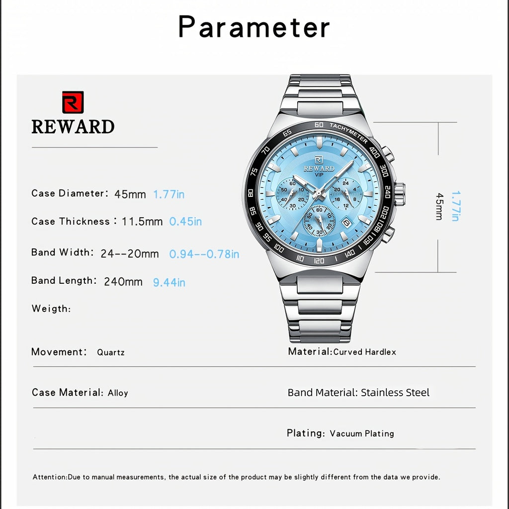 REWARD VIP Ice -Blue Quartz Watches For Men Sport Chronograph Luminous Wrist Watches Stainless Steel Wristwatch