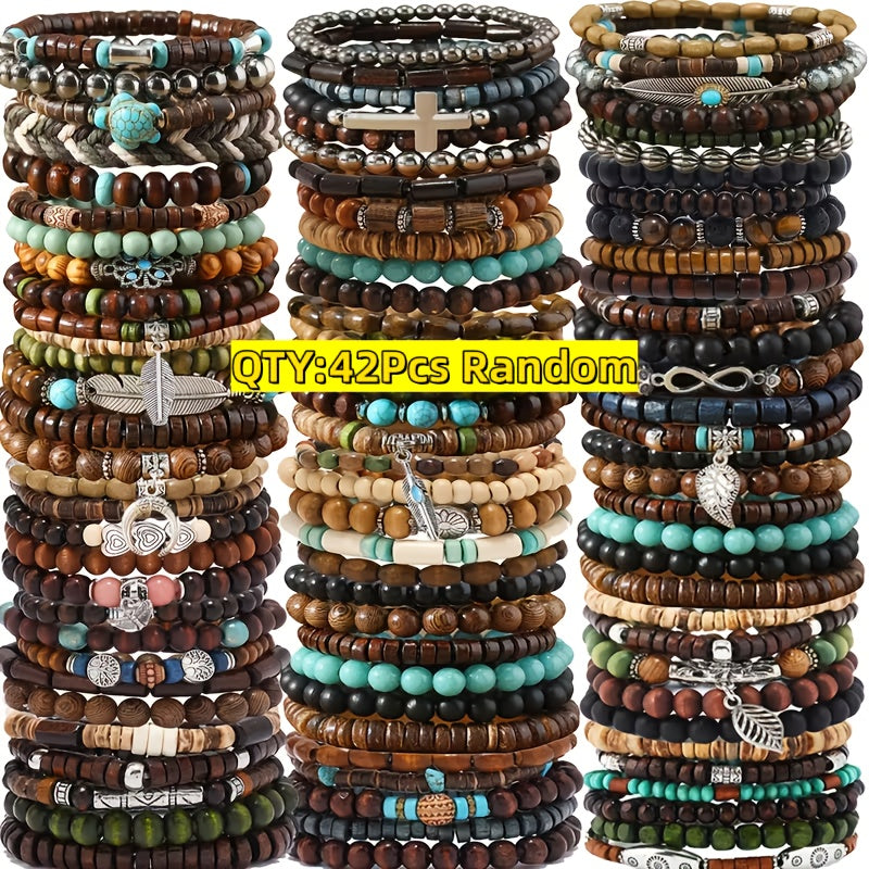[Bohemian Wooden Beaded] 42pcs Set Vintage Style Bohemian Wooden Beaded Random Bracelets, Fashionable Stacking Bracelet Set For Women, Ethnic Men's Outdoor Accessory Collection