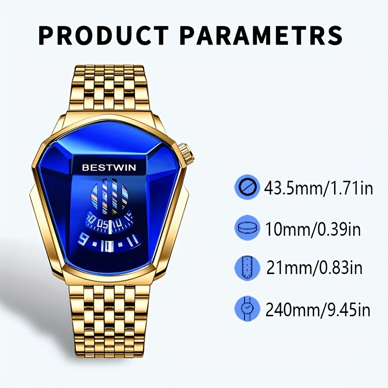 Unique Dashboard Design Men Watches Top Brand Fashion Blue Rhinestones Dial Steel Strap for Man Business Quartz Watch for Gifts