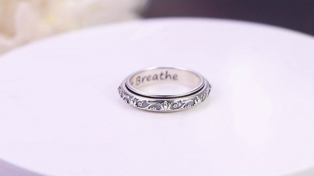 Spinner Fidget Ring S925 Sterling Silver Lotus Flower Yoga Just Breathe Anxiety Worry Band Oxidized Fidget Boredom ADHD Autism Rings For Women Men