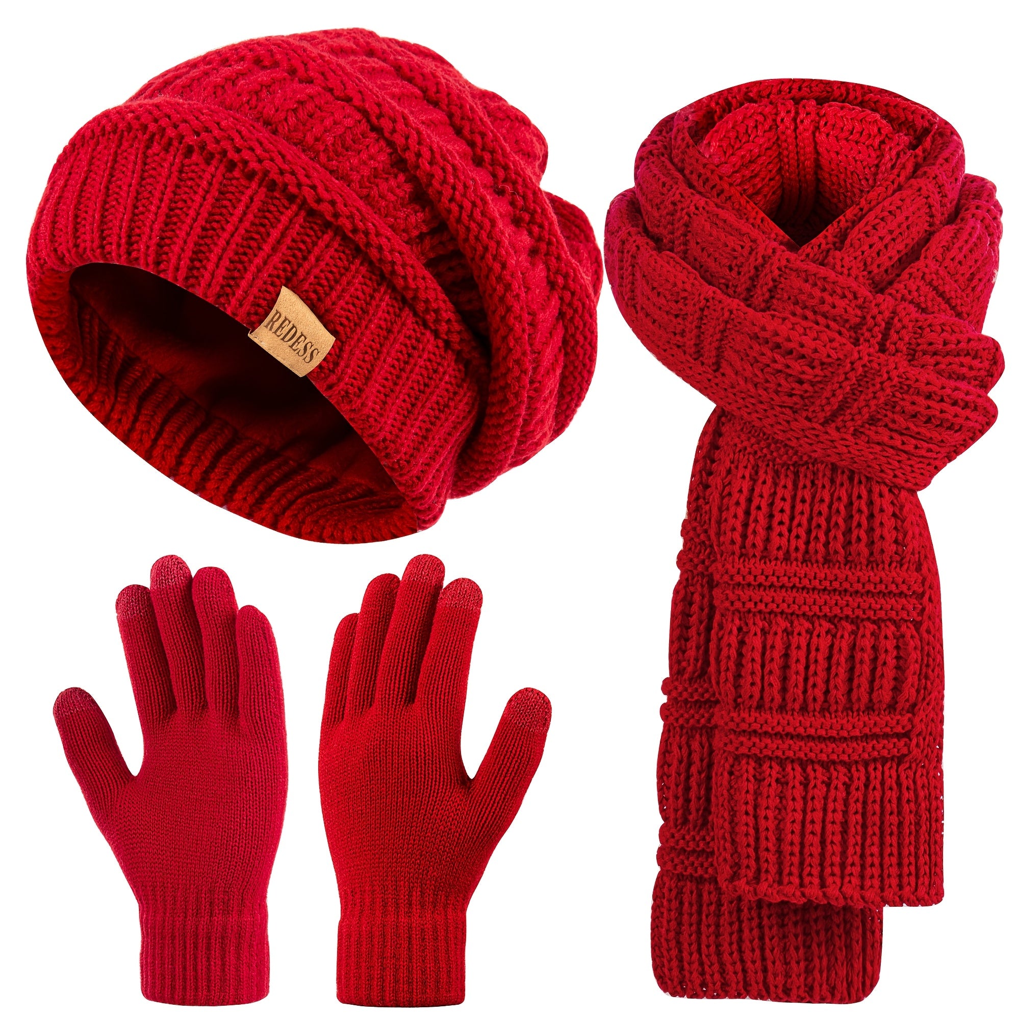 Women'S 3-in-1 Winter Set: Hat, Long Scarf & Touchscreen Gloves - Soft Warm Neck Warmer, Elastic Fit for Smartphones/Camera Use, Elegant Solid Color (/PinkRed/) - Christmas & Thanksgiving Gifts for Women, Durable & Versatile Cold Weather Accessories