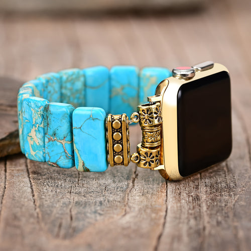 Lake Blue Imperial Stone Apple Watch Band — Handmade Boho Beaded Elastic Bracelet Strap for Women, Natural Stone, Fits 38/40/41mm Series 1-9 SE Ultra
