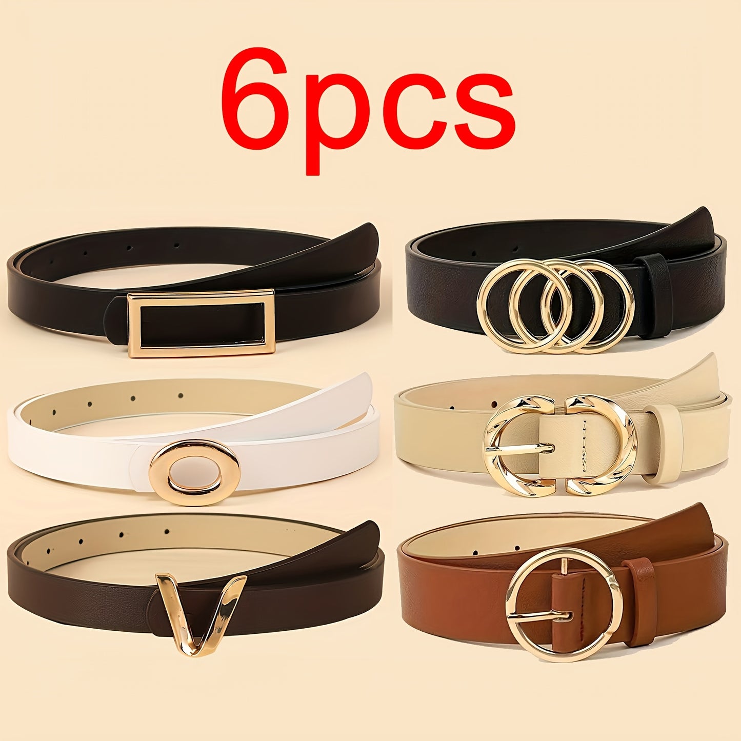 Women's Belt Set 6Pcs - PU Leather Belts with Metal Buckle Multi Style, Black Beige Brown Solid Color Waist Belt for Jeans Dresses Daily Wear, One Size Adjustable Fashion Accessory