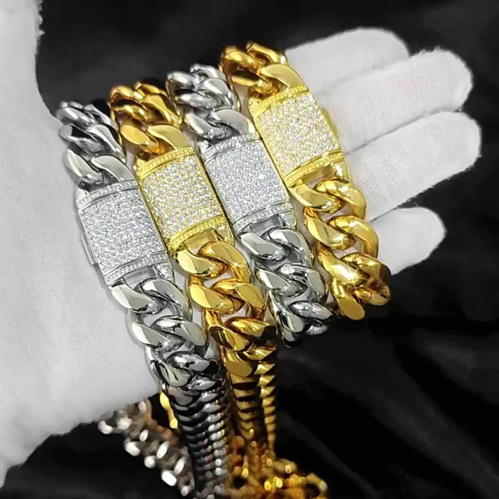 Two 12mm Trendy Bracelets And Necklaces Set, Hip-hop Jewelry, 18K Gold Plated-plated 316L Stainless Steel, Sturdy And Durable Men's Gift