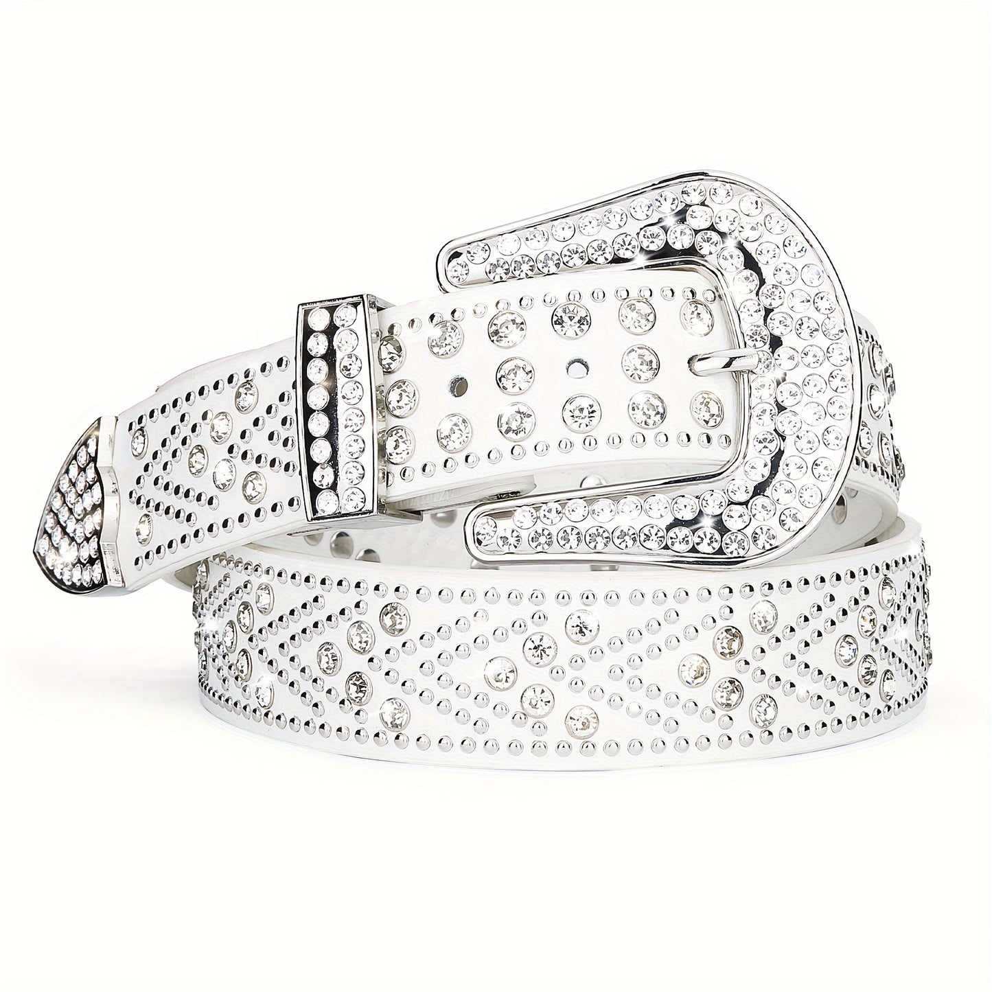 Rhinestone Studded Belt for Women Men - Bling Y2K Western Cowboy Cowgirl Faux Leather Belt with Metal Buckle, Black White Brown Red, Sizes 28-44 (Waist 25"-44")