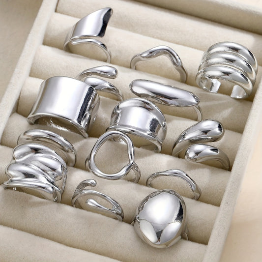 14pcs CCB Material Silvery Gray Exaggerated Sexy and Glamorous Women's Wide Face Ring Set for Daily Party Wedding Wear Trendy Fashion Jewelry to Give to Girlfriend or Friends, Fashion Statement, Highquality Rings, Durable Material, Fashion Rings